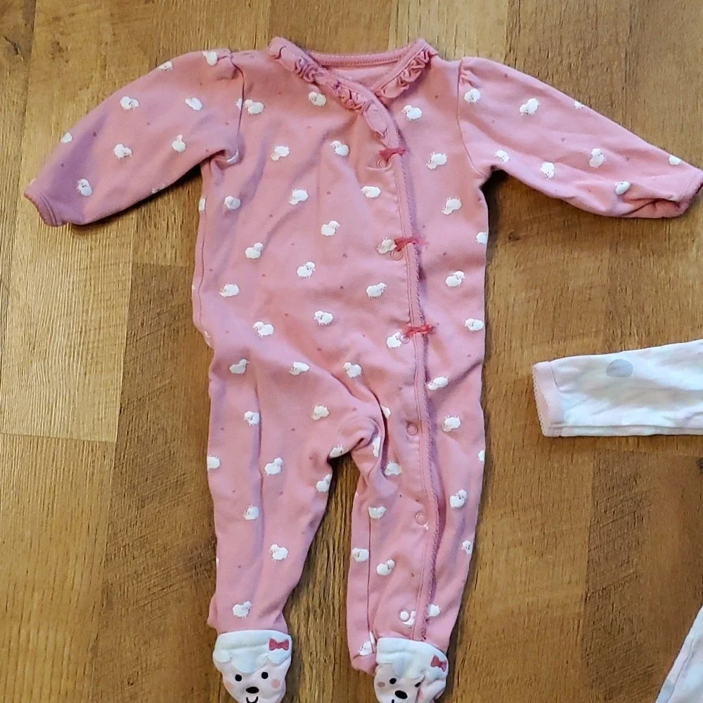 3 Pack Girls Snap Pink‎ Footie Sleep & Plays 9M- Elephant, Chevron, Sheep